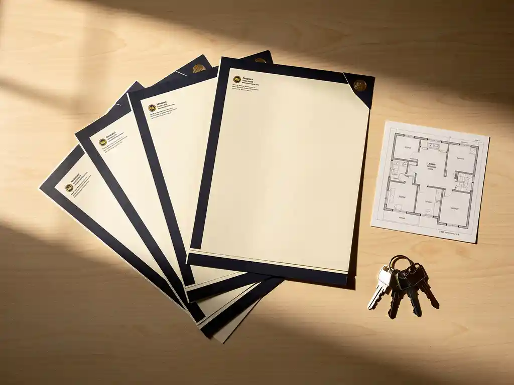 Officiële huurcontracten, bedrijfsregistratie-uittreksels en sleutels uitgespreid op een lichte eiken bureau met een kleine plattegrond.
