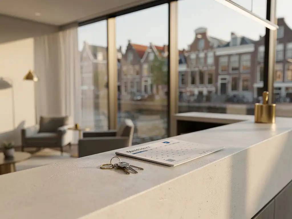 Moderne kantoorruimte met kortetermijnverhuur-kalender en sleutels op receptiebalie, Nederlandse stadshorizon zichtbaar door grote ramen.