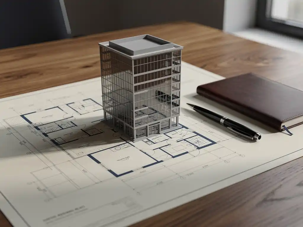 Architectuurmaquette van kantoorgebouw op eiken bureau met plattegrond, pen en leren notitieboek in warm natuurlijk licht.