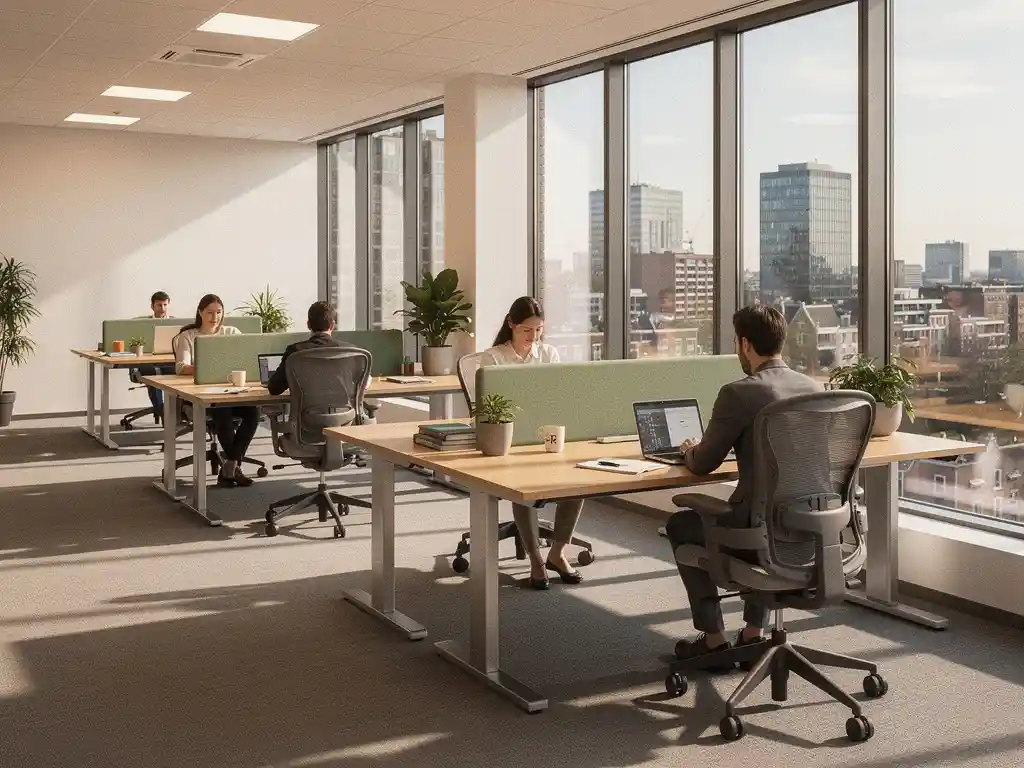 Moderne kantoorkantoor in Utrecht met ergonomische werkplekken, lichte eiken bureaus en vloer-tot-plafond ramen met uitzicht op de skyline.