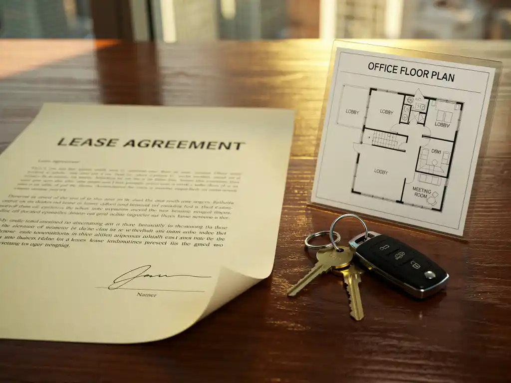 Ondertekend huurcontract op eikenhouten bureau naast kantoorsleutels en architectonische plattegrond, warm middaglicht.