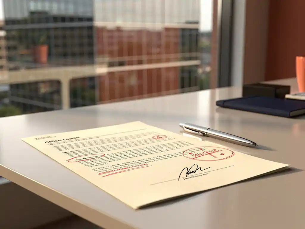 Ondertekend kantoorhuurcontract op modern bureau met pen, rode waarschuwingsmarkeringen op clausules, Utrechts kantoorgebouw op achtergrond.