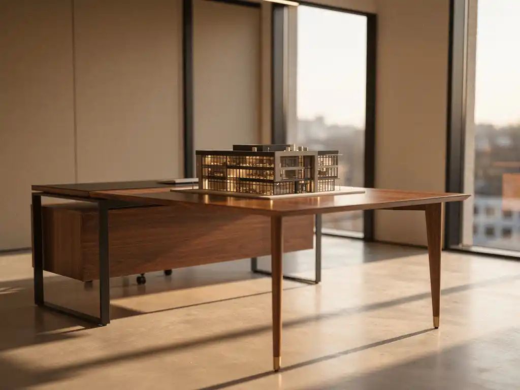 Moderne Utrecht-kantoorruimte met vloer-tot-plafondvensters, houten bureau met architectuurmaquette en warm middaglicht op betonnen vloer.