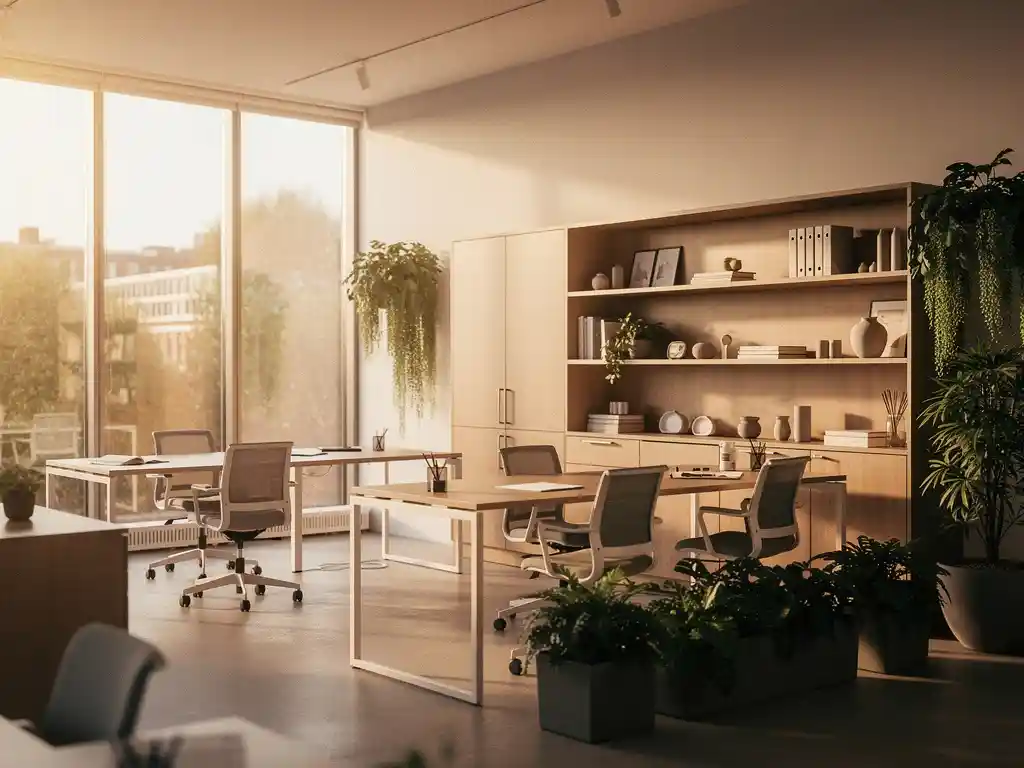 kantoor-utrecht-modulair-interieur-werkplek.jpg Modern Utrecht kantoor met modulaire meubels naast vaste bureaus en planten, warm middaglicht door hoge ramen.