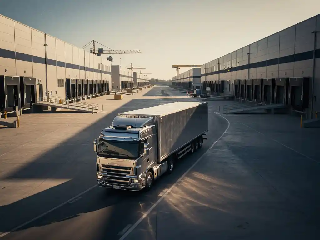 Moderne logistieke hub bij gouden uur met vrachtauto op toegangsweg, rijen magazijnen en laaddocks op de achtergrond.