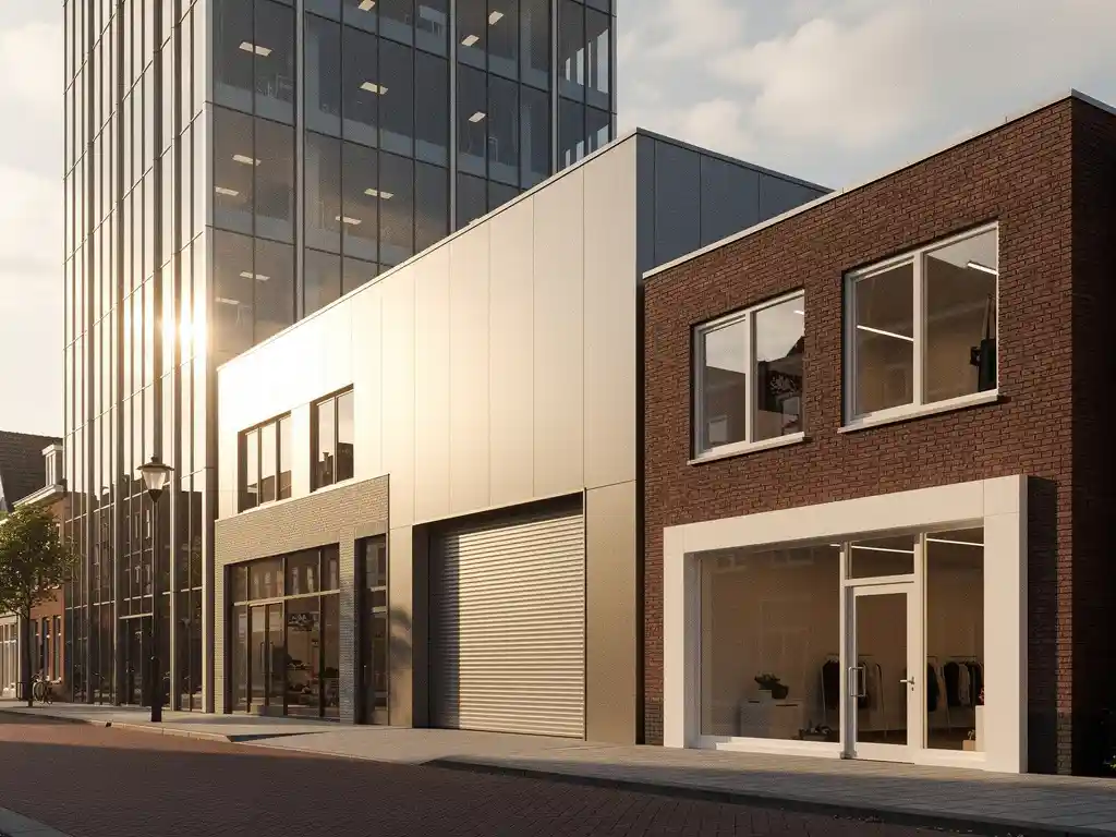 dutch-commercieel-vastgoed-gebouwen-gevel.jpg Rij Nederlandse commerciële gebouwen met glazen kantoorpand, magazijn en winkelunit in middagzon, warme gouden schaduwen op bakstenen gevels.