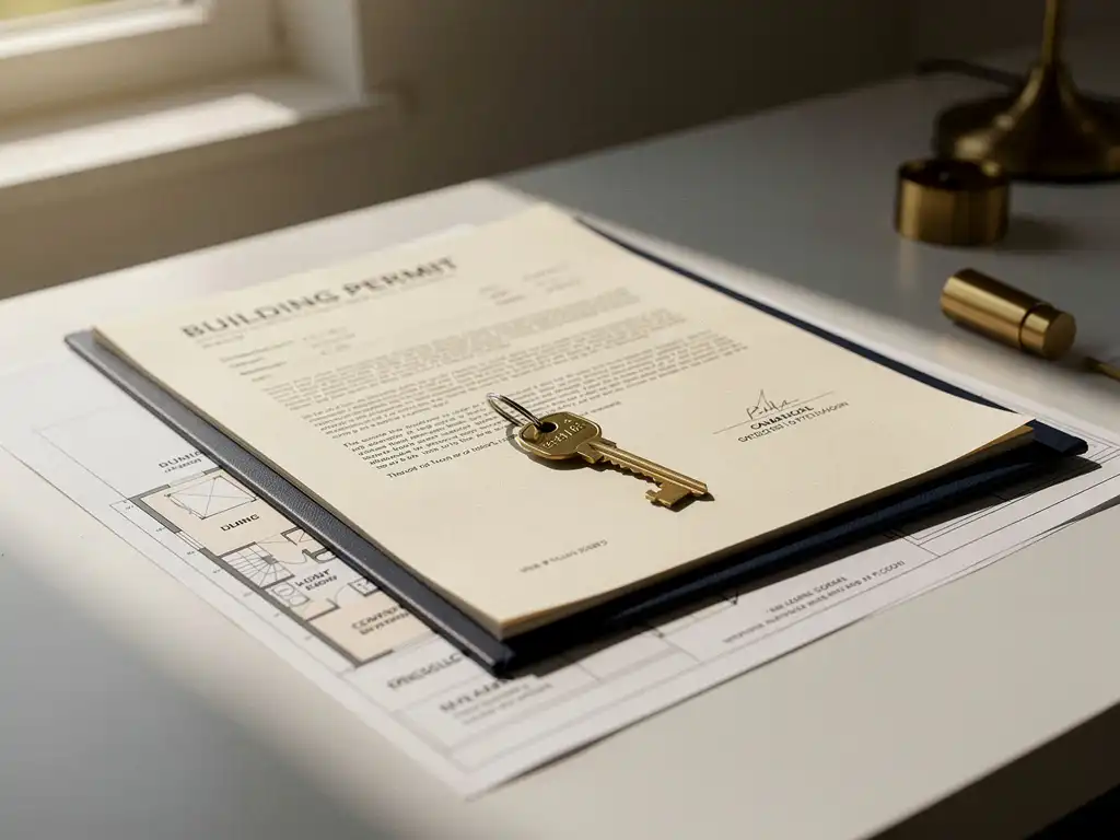 Officiële vergunningsdocumenten en een commerciële vastgoedsleutel op een modern bureau, met een plattegrond eronder in warm natuurlijk licht.